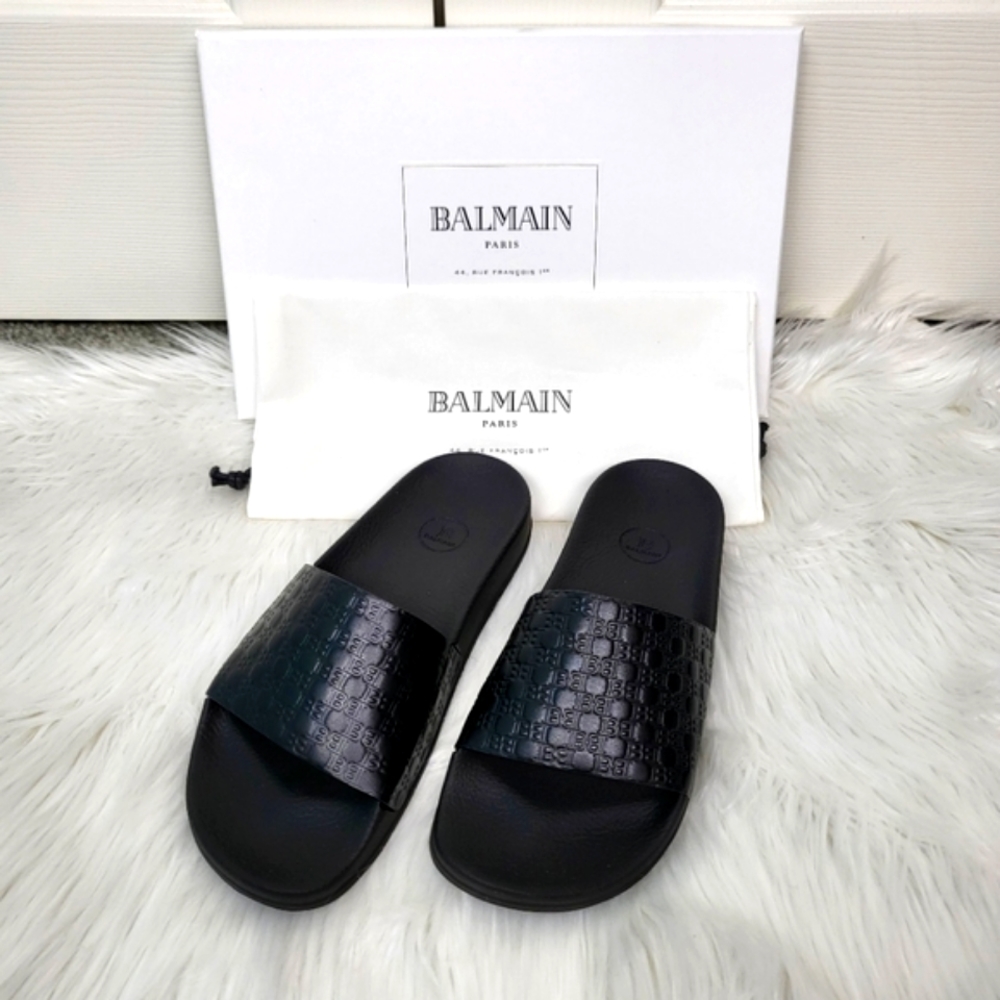NIB BALMAIN Black Embossed Monogram Leather Pool Slides Slippers Sandals 37